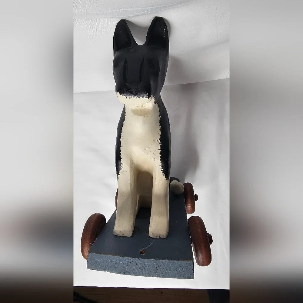 Vintage Hand Painted Wooden Tuxedo Cat Pull Toy Figurine on Wheels